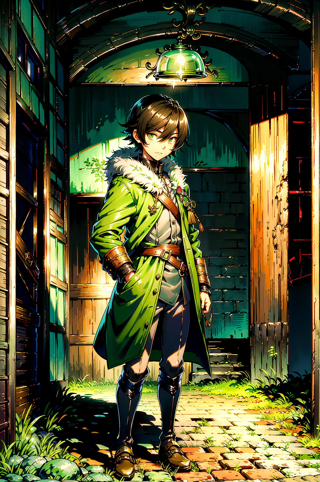 yuichiro hyakuya, expressive eyes, 1 boy, black hair, green eyes, brown coat, gray armor, green shield, green cloak, dark brown gloves, town, fur trim, anime, standing, good quality, portrait, looking at viewer