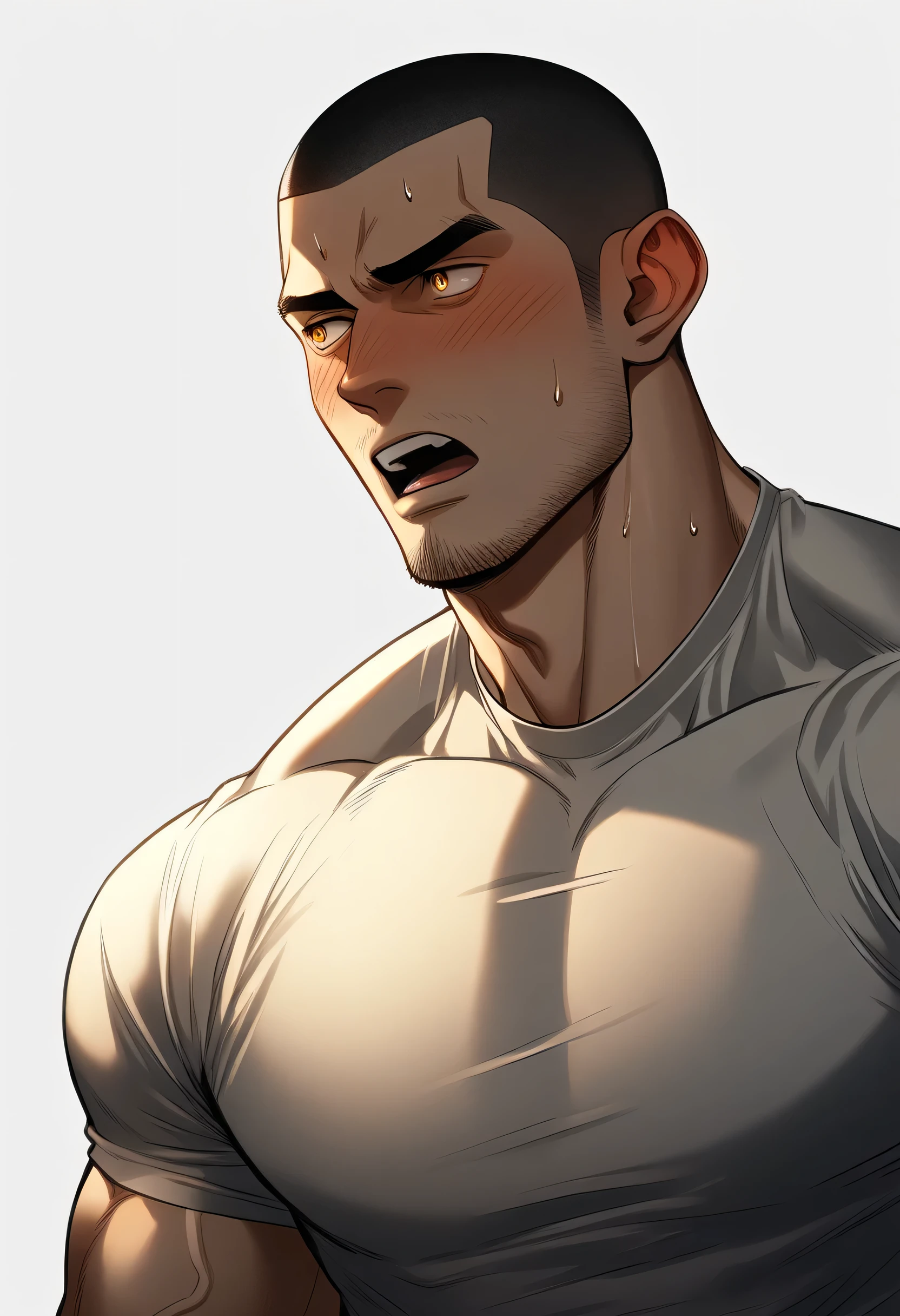 1muscular sportsman, Athlete,male focus, Buzz Cut, Yellow and black Spider-Man tight T-shirt, one ,Very tight, muscular male, muscular, only, Upper body, alone, look to the side, short hair, stubble, sweat, black hair, Yellow eyes, open lips, White background, simple background, amazing quality, best aesthetics, Ridiculous, crew cut, moaning, blush, clair obscur, cinematic lighting, best quality, textured skin