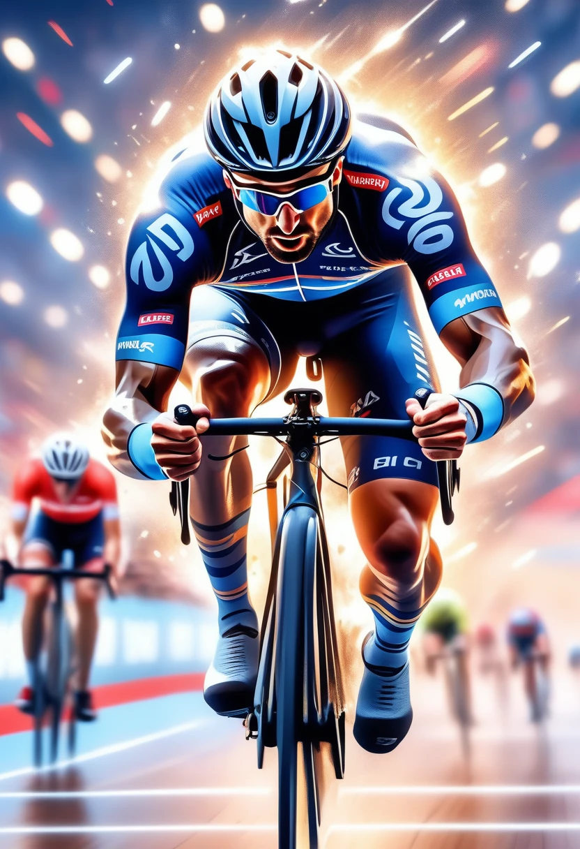 ((Masterpiece)), ((Best Quality)), (Very Detailed), ((Very Detailed)), 4K, (8K), very aesthetic, absurdres highres, Olympic cyclists are running on banks in an indoor stadium. Athletes lean forward to eliminate wind resistance and wear streamlined helmets designed for aerodynamics. There are spectator seats in the background, with bright lights illuminating the players. The muscular tension of the athlete and the details of the bicycle are clearly depicted.
