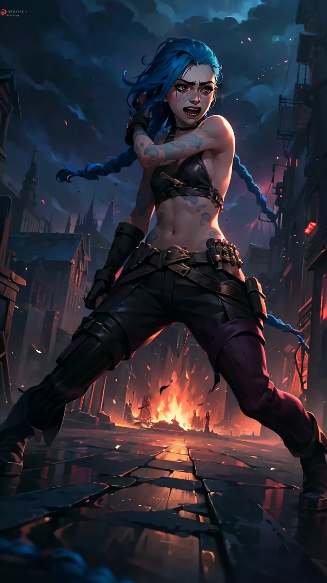 (masterpiece, Best quality), 1 girl, portrait, very sexy, crazy look, smile, crying, pink tears, tears on the cheeks, tears from eyes, full length (full body 1.1.), очень feminine, fighting stance, battle, fire, explosions, burning city, Beautiful waist, gloomy composition, flame, fire, Flash, very beautiful, feminine, long hair, hair braided in long braids, very sexy, tight leather pants, emphasis on the eyes, emphasis on the face, Beautiful face, Hands, Hair, Haired ponytail, red purple eyes, Джинкс crying, Blue cloud tattoo, (masterpiece, Best quality), Side lighting, beautiful detailed eyes, crazy face), (Best quality), (masterpiece), magic photography, Spectacular lighting, Photorealism, ultra detailed, интимная portraitная композиция, 1. 4,8 k UHD, aesthetic, Cd., A high resolution, 8 k, better lighting, Best shade, Ultra-HD, A high resolution, sharp focus, Complex background, Cinematic lighting, ((Landscape view)), 4K block, (better lighting), ((Cinematic lighting)),