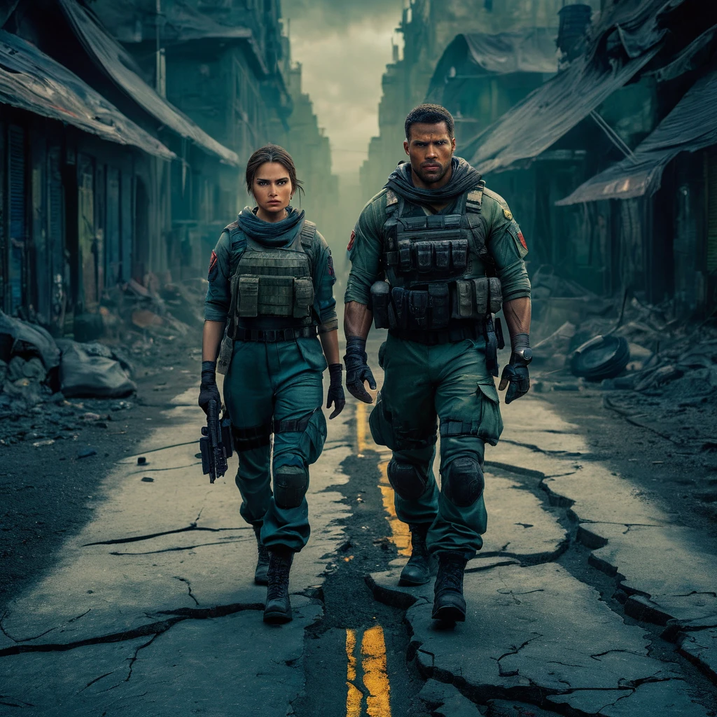 A stunning 32K, UHD live action photorealistic portrait showcasing a woman and a muscular man, both wearing clean-faced, serious expressions. They appear to be surveying their surroundings in a dilapidated street. Clad in specialized military attire and equipped with gear reminiscent of Resident Evil, they stand amidst enigmatic, bengalured buildings. The image is captured from an aerial view, showcasing intricate details and vibrant colors, creating an atmosphere of suspense and mystery., vibrant, portrait photography