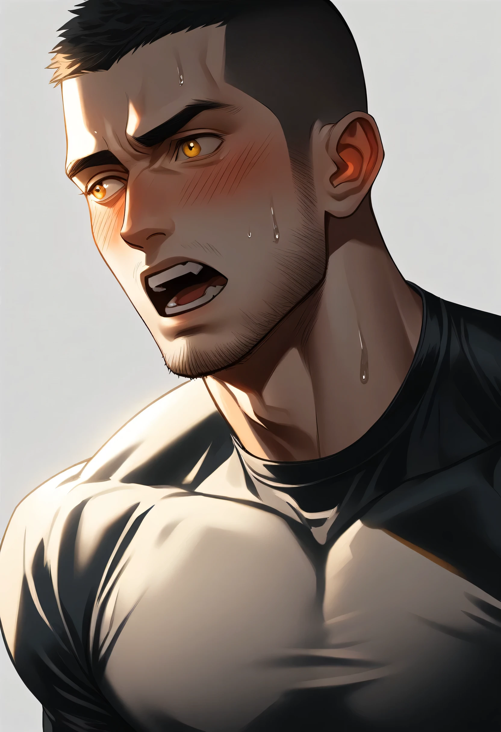 1muscular sportsman, Athlete,male focus, Buzz Cut, Yellow and black Spider-Man tight T-shirt, one ,Very tight, muscular male, muscular, only, Upper body, alone, look to the side, short hair, stubble, sweat, black hair, Yellow eyes, open lips, White background, simple background, amazing quality, best aesthetics, Ridiculous, crew cut, moaning, blush, clair obscur, cinematic lighting, best quality, textured skin