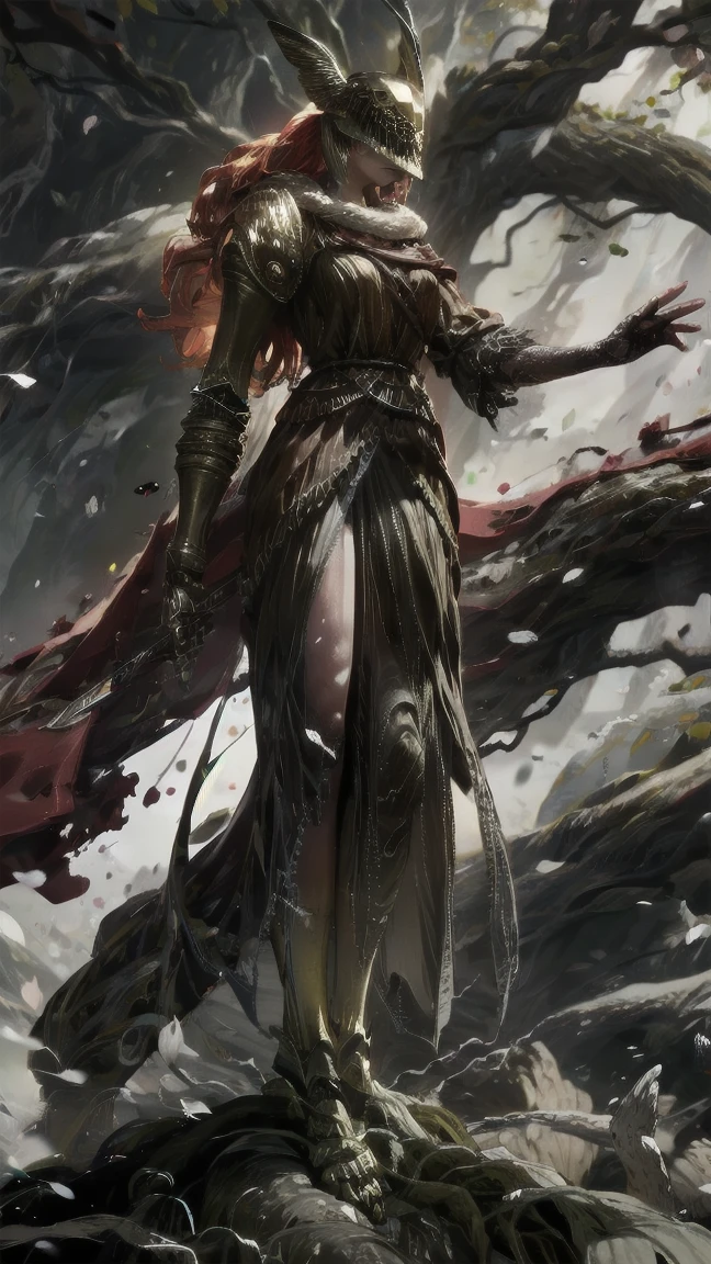 1 girl, ultra sharp image, beautiful figure, beautiful, full length (full body 1.1.), big tree in the background, slender legs, buttocks, slender legs, Wasp waist, sexy, fighting pose, fighting stance, only,helmet,light-skinned Женский, One, long curved sword in hand