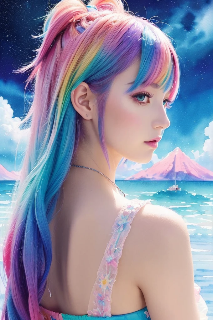(masterpiece, Highest quality, Highest quality,watercolor (Moderate),Official Art, beautifully、aesthetic:1.2),(One girl:1.3), (Fractal Art:1.3),Upper Body, From the side, View your viewers,pattern,(Rainbow Hair,colorful hair,Half Blue、Half pink hair:1.2),water,liquid, cloud,colorful, Starry sky,performer,ice cream
