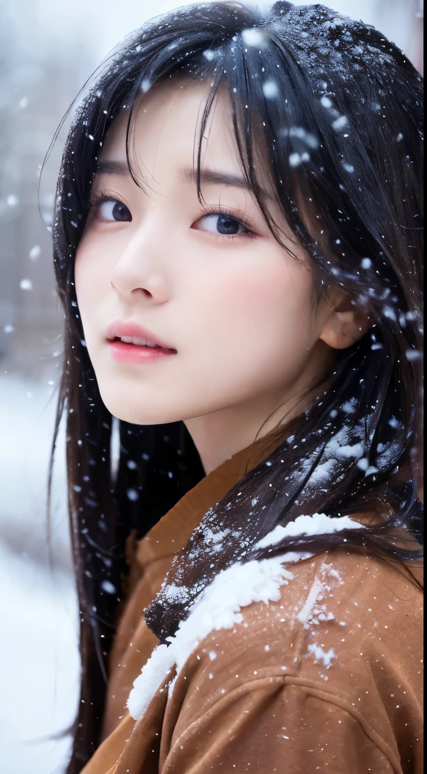 ((Hanfu))、(Full Body Sbian)、(top quality,masterpiece:1.3,ultra high resolution,),(very detailed,corrosion line),(realistic:1.4,RAW shooting,)극도로 realistic 캡처,very detailed、 natural skin texture、25 years old、Skin looks healthy and even.、 Take advantage of natural light and color、female,Japanese、black hair,medium length hair,、(falling snow:1.1)、(hair blowing in the wind:1.3)、(Eyes reflect light)、There is light in the eyes、looking at the camera
