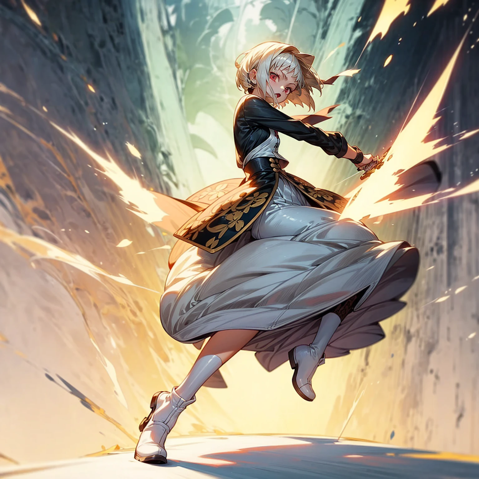 1girl, Full body version, 1character, light red eyes color, white skin, short hairstyle, white colour hair, saber style clothing, Long skirt, long socks, long boots, dagger knife in hand, small Shield in hand, full background, Grassroots background in village, motion blur, shadow, battle gesture, (one piece style art)