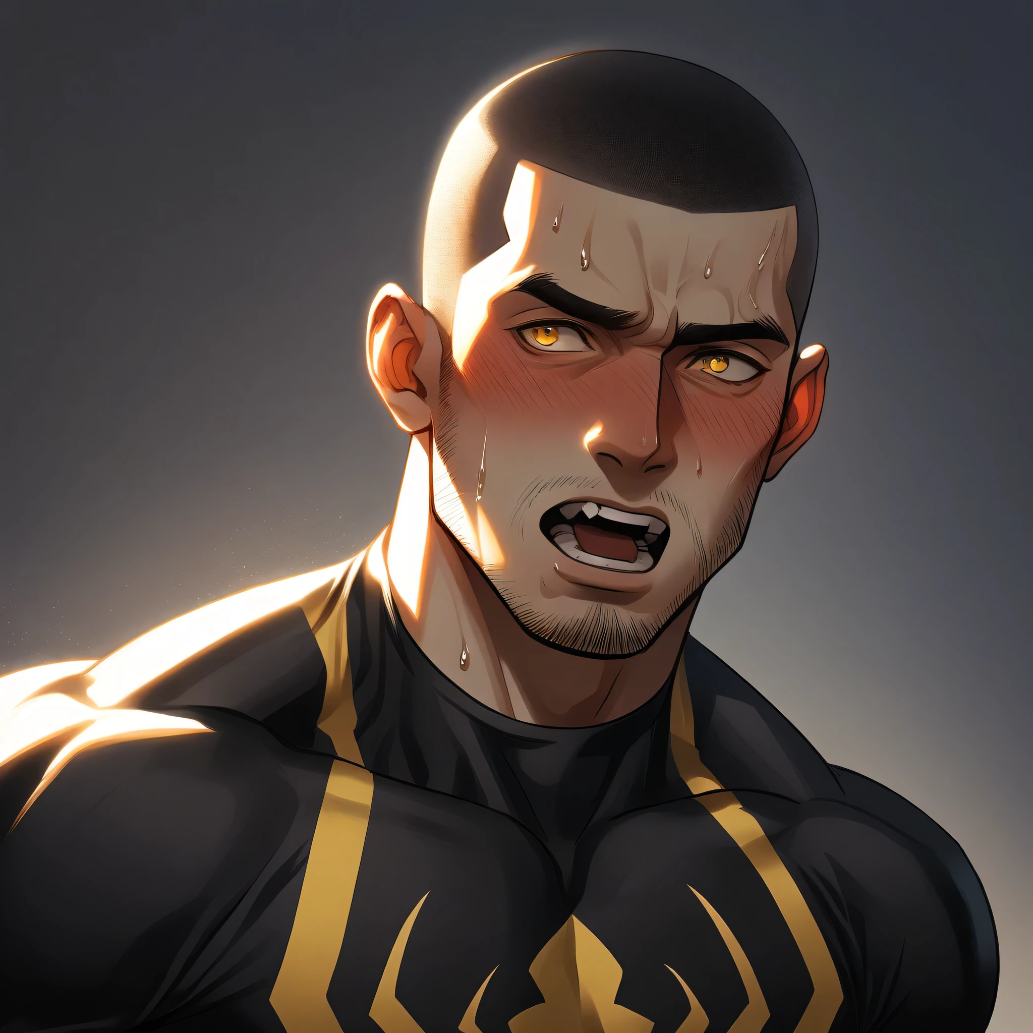 1muscular sportsman, Athlete,male focus, Buzz Cut, Yellow and black Spider-Man tight T-shirt, one ,Very tight, muscular male, muscular, only, Upper body, alone, look to the side, short hair, stubble, sweat, black hair, Yellow eyes, open lips, White background, simple background, amazing quality, best aesthetics, Ridiculous, crew cut, moaning, blush, clair obscur, cinematic lighting, best quality, textured skin
