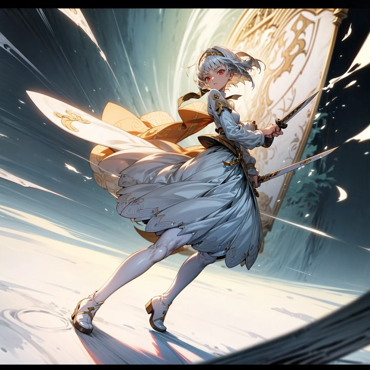 1girl, Full body version, 1character, light red eyes color, white skin, short hairstyle, white colour hair, saber style clothing, Long skirt, long socks, long boots, dagger knife in hand, small Shield in hand, full background, Grassroots background in village, motion blur, shadow, battle gesture, (one piece style art)