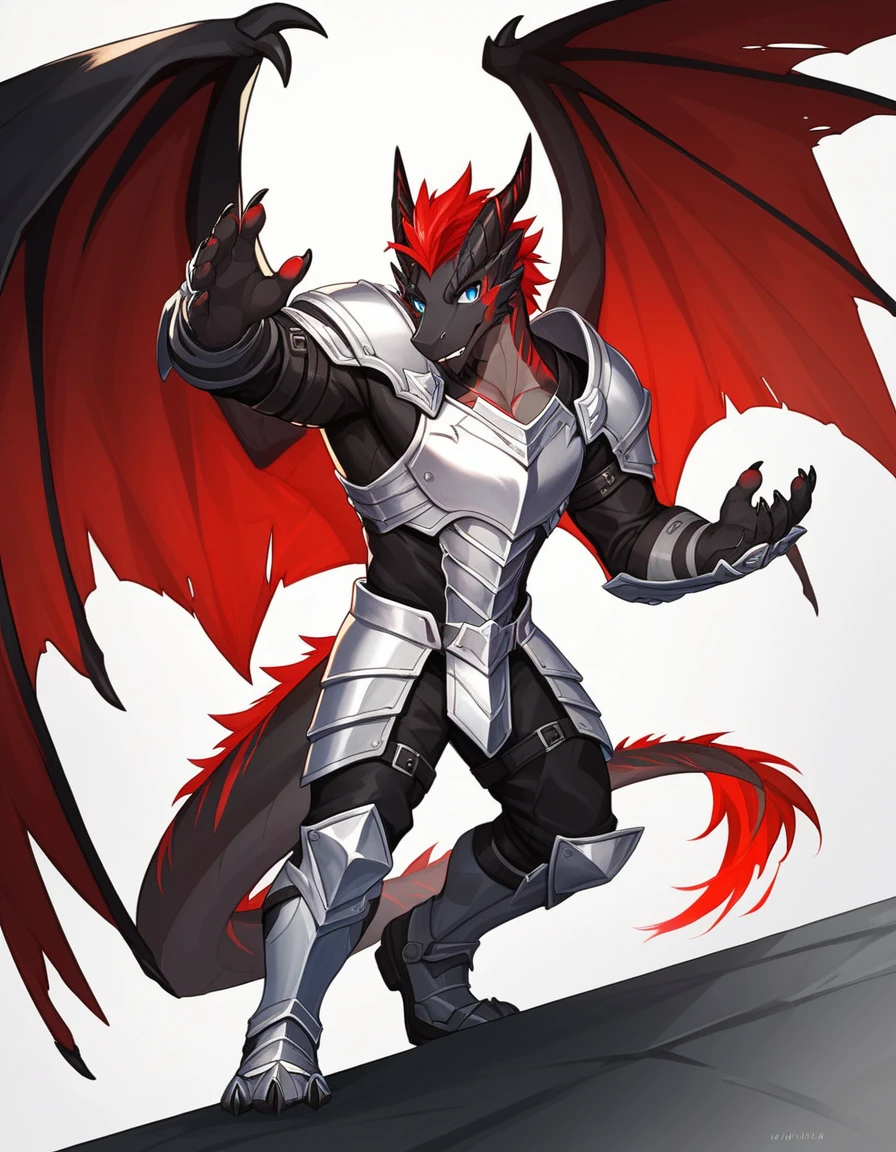 Solo, Score_9, score_8_up, score_7_up, source_cartoon, Anthro male, A black dragon, black dragon with red highlights on scales, black and red wings, blue eyes, standing, wearing knights armor, standard pose