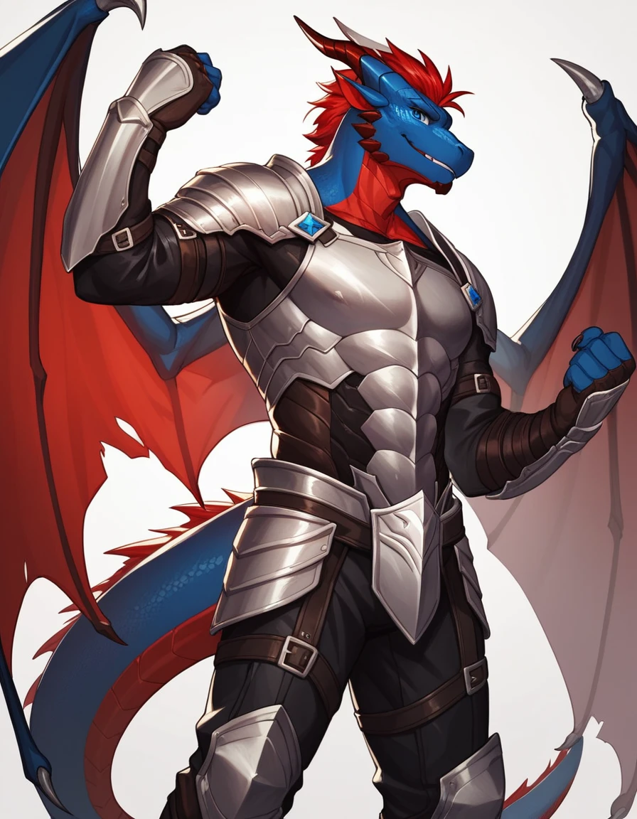 Solo, Score_9, score_8_up, score_7_up, source_cartoon, Anthro male, A black dragon, black dragon with red highlights on scales, black and red wings, blue eyes, standing, wearing knights armor, standard pose