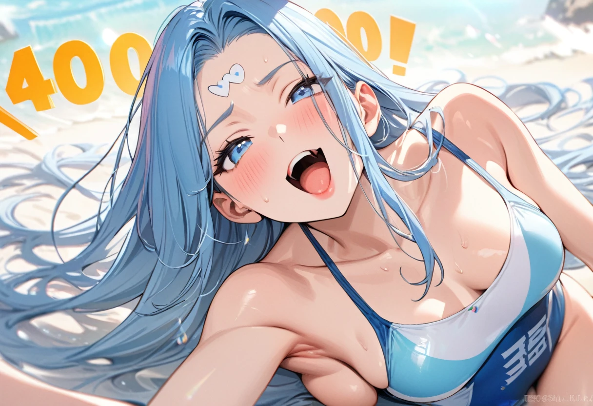 ((Characters appear word of "40000")), (solo:2, 15 yo forehead blue hair long hair cute girl, lovely blue eyes, cute open mouth, pink lips, ecstasy smile), in a One piece swimsuit, BREAK, perfect anatomy, masterpiece, best quality, 16k, beautiful detailed grow, daydreaming expression.