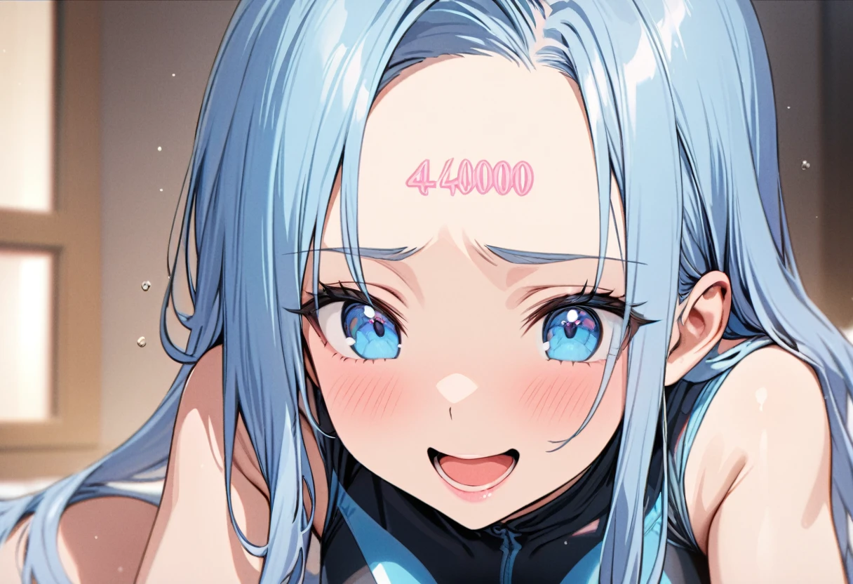 ((Characters appear word of "40000")), (solo:2, 15 yo forehead blue hair long hair cute girl, lovely blue eyes, cute open mouth, pink lips, ecstasy smile), in a One piece swimsuit, BREAK, perfect anatomy, masterpiece, best quality, 16k, beautiful detailed grow, daydreaming expression.