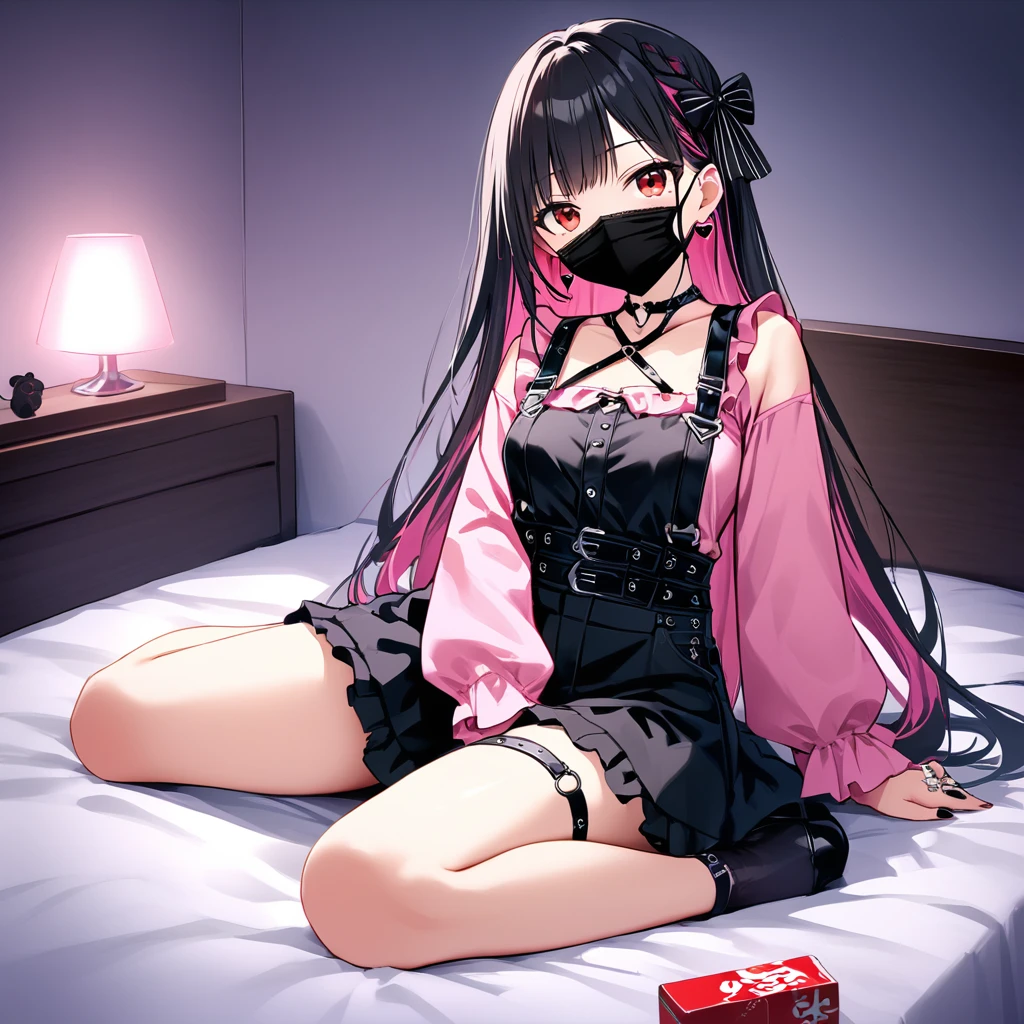 (score_9_, score_8_superior, score_7_superior, sauce_anime, 8K, masterpiece, Highest quality, Super detailed, Very delicate and beautiful, Official Style, Depth of written boundary, Very detailed, so beautiful, Complex, Overall Details, Perfect Anatomy), View your viewers, ((Faint Light:1.2)), sit, wariza, ベッドのsuperior, (indole, Hotel Rooms, Love Hotel, Pink Wall, pink bed sheets), (Condom box, Condom packaging), (pink smartphone, Ribbon Strap), Break 1 Girl, alone, (Black Hair, Pink Hair, Two-tone hair), Long Hair, two side superior, Black Hair bow, Red eyes, jirai kei, (Cross-strap clothing, Pink Shirt, Long sleeve, Frillsed sleeves), Frills, Black bow tie, Black Skirt, sblackuspendersheart brooch, heart earrings, ring, Manicure, Pink Nails, Black nails, (Mouth mask, black Mouth mask), Black belt, o-ring thigh strap, Black Choker, Grin