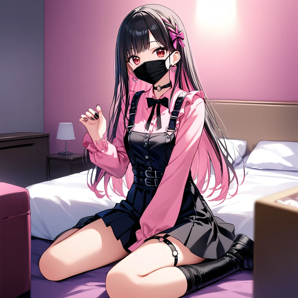 (score_9_, score_8_superior, score_7_superior, sauce_anime, 8K, masterpiece, Highest quality, Super detailed, Very delicate and beautiful, Official Style, Depth of written boundary, Very detailed, so beautiful, Complex, Overall Details, Perfect ???????), View your viewers, ((Faint Light:1.2)), sit, wariza, ベッドのsuperior, (indole, Hotel Rooms, Love Hotel, Pink Wall, pink bed sheets), (Condom box, Okamoto Condom 0.01), Break 1 Girl, alone, (Black Hair, Pink Hair, Two-tone hair), Long Hair, two side superior, Black Hair bow, Red eyes, jirai kei, (Cross-strap clothing, Pink Shirt, Long sleeve, Frillsed sleeves), Frills, Black bow tie, Black Skirt, sblackuspendersheart brooch, heart earrings, ring, Manicure, Pink Nails, Black nails, (Mouth mask, black Mouth mask), Black belt, o-ring thigh strap, Black Choker, Grin
