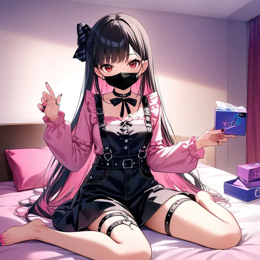 (score_9_, score_8_superior, score_7_superior, sauce_anime, 8K, masterpiece, Highest quality, Super detailed, Very delicate and beautiful, Official Style, Depth of written boundary, Very detailed, so beautiful, Complex, Overall Details, Perfect Anatomy), View your viewers, ((Faint Light:1.2)), sit, wariza, ベッドのsuperior, (indole, Hotel Rooms, Love Hotel, Pink Wall, pink bed sheets), (Condom box, Okamoto Condom 0.01), Break 1 Girl, alone, (Black Hair, Pink Hair, Two-tone hair), Long Hair, two side superior, Black Hair bow, Red eyes, jirai kei, (Cross-strap clothing, Pink Shirt, Long sleeve, Frillsed sleeves), Frills, Black bow tie, Black Skirt, sblackuspendersheart brooch, heart earrings, ring, Manicure, Pink Nails, Black nails, (Mouth mask, black Mouth mask), Black belt, o-ring thigh strap, Black Choker, Grin
