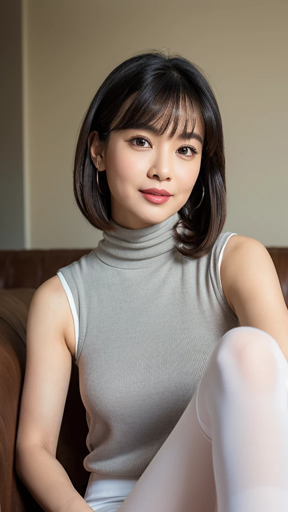 (Detailed face),((between legs)),Normal chest,cute,A silky grey sleeveless turtleneck outfit,4K,Ultra-high resolution,(Photorealistic:1.7),White furniture,Black Hair,