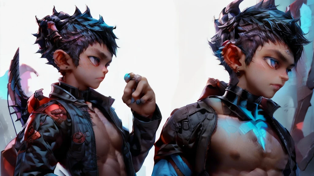 2boy demons, incubus , romantic seductive glare,young looking skinny toned, horns on head, black hair, (Powder blue skin), abs, cute, Small Red/Black Lace Thong), multiple boys, (Full Body), expressive, 8k perfect face, perfect body,