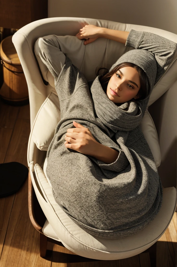 adult sexy woman covered with one blanket, sitting on the bed with a frightened face