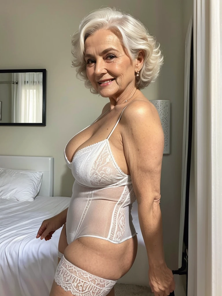 Mature old woman 80 years with white straight hair, plus size, old face and body with many wrinkles, loose skin, smiling standing at bedroom posing for photo, She wearing satin black bodysuit with white pattern and white lace stockings, side view. jaw dropping mature older beauty, old face and body with wrinkles, old face, attractive grandma, a gorgeous old hair, beautiful old grandma, lovely older mature grandma, gorgeous beautiful grandma over 80 years old, beautiful white curly hair grandma, beautiful detailed body and face, a beautiful old granny