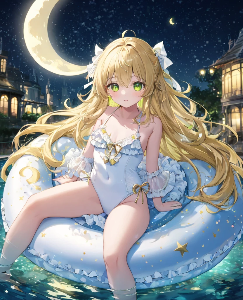 (masterpiece, best quality:1.2), (absurdres, highres, ultra-detailed), (perfect anatomy),
Beautiful woman、Night Pool、Riding on a cute float、Blonde、Fluffy longhair、Yellow-green eyes、Background glitter、night、Crescent Moon、heart、White frilly swimsuit
(8K, RAW photo:1.2),detailed face and eyes,intricate detail ,masterpiece ,sharp focus, high quality,BREAK,rating: general, newest