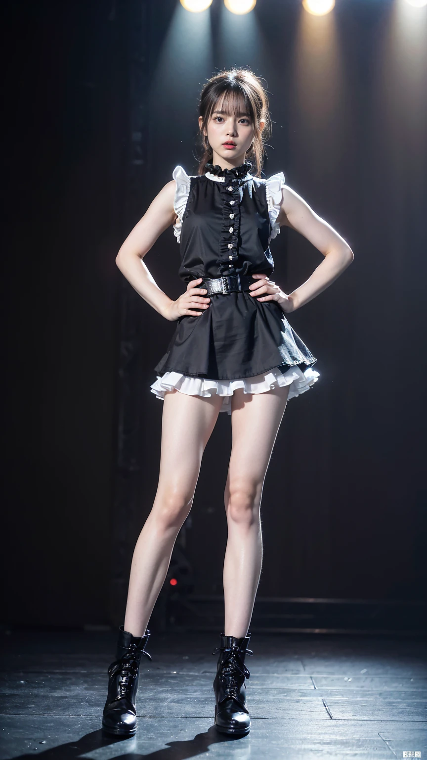 (8K、RAW Photos、Highest quality、masterpiece:1.2)、(Realistic、Realistic)、1 Girl、((mini skirt、See-through、Frills、Sleeveless、black、Thin legs、whole body、boots、one piece、stage、View from the front、Looking into the camera、belt、Stand with hands on hips))、cute