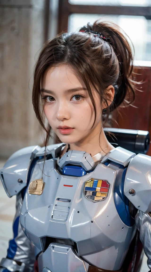 Beautiful young girl, ponytail hair, brown hair, beautiful eyes, beautiful face, raw photo, 8k, high detailed, (gundam), pale lips, white skin, textured skin, (beautiful cyborg woman), (pretty girl), mecha cyborg girl battle mode, girl with a mecha body, she wears a futuristic gundam mecha, full body shot