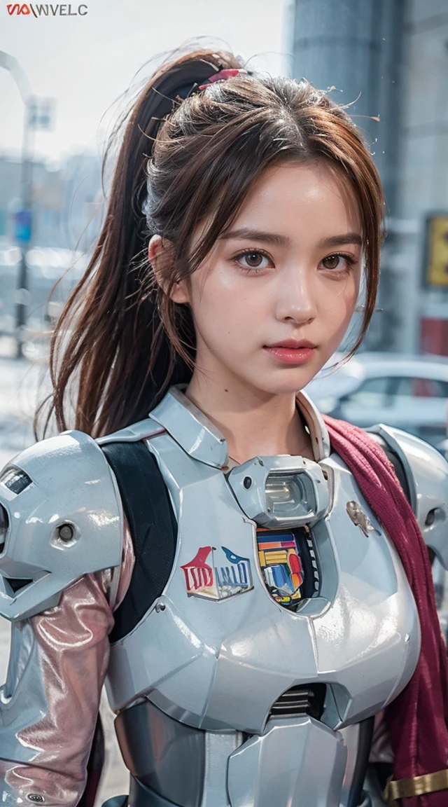 Beautiful young girl, ponytail hair, brown hair, beautiful eyes, beautiful face, raw photo, 8k, high detailed, (gundam), pale lips, white skin, textured skin, (beautiful cyborg woman), (pretty girl), mecha cyborg girl battle mode, girl with a mecha body, she wears a futuristic gundam mecha, full body shot