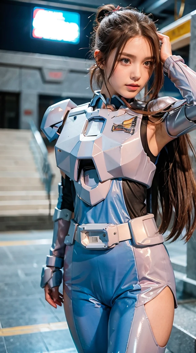 Beautiful young girl, ponytail hair, brown hair, beautiful eyes, beautiful face, raw photo, 8k, high detailed, (gundam), pale lips, white skin, textured skin, (beautiful cyborg woman), (pretty girl), mecha cyborg girl battle mode, girl with a mecha body, she wears a futuristic gundam mecha, full body shot