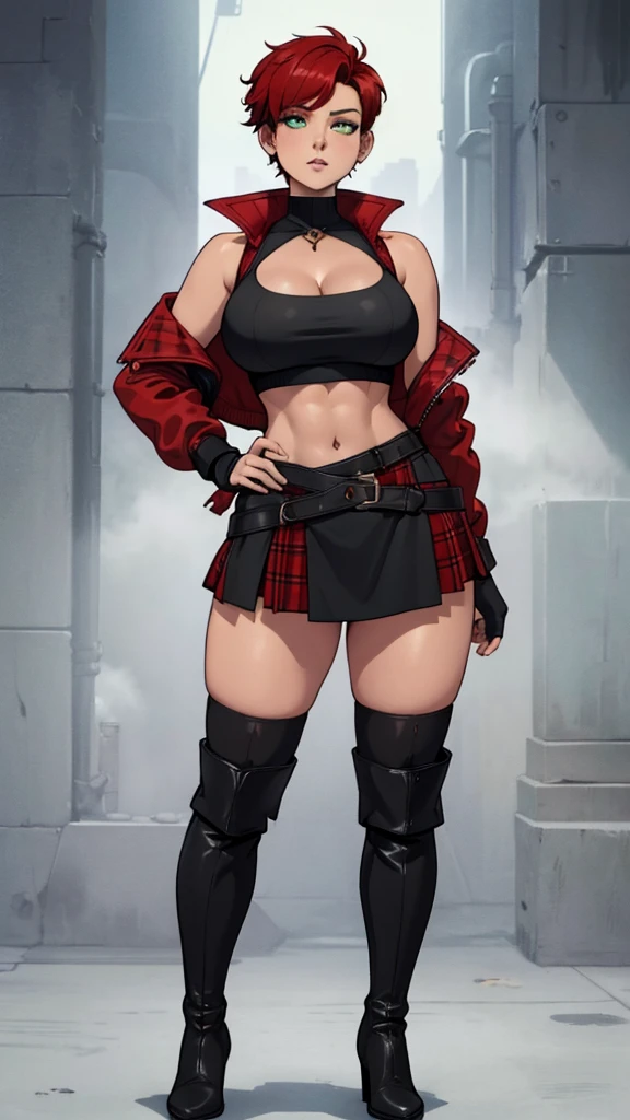 woman, curly red pixie cut hair, green eyes, wearing crop top black shirt, red plaid skirt, (black knee high boots), black fingerless gloves, jacket, exposed shoulders, thick thighs, (full body), large breasts, freckles, cleavage, abs, looking at viewer, masterpiece, best quality