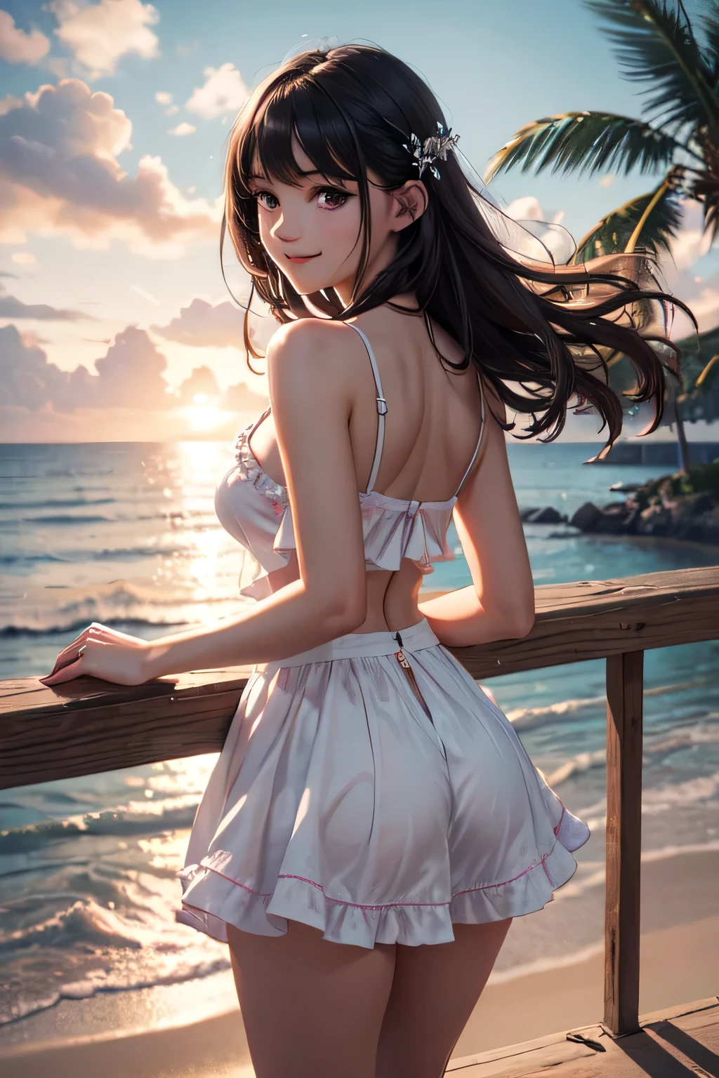 very cute and beautiful girl,(highly detailed beautiful face and eyes),pink camisole,cute ruffle petticoat, (smile:1.2),happy,(looking back,from behind),looking at viewer,(leaning forward),black hair,cowboy shot,detailed legs,beach,tropical resort, (best quality,masterpiece),absurdres,highres,ultra-detailed,extremely detailed,32k,8k resolution, intricate details,cinematic scene,detailed background,solo,dynamic angle, natural lighting,hair fluttering in the wind,beautiful detailed sky,