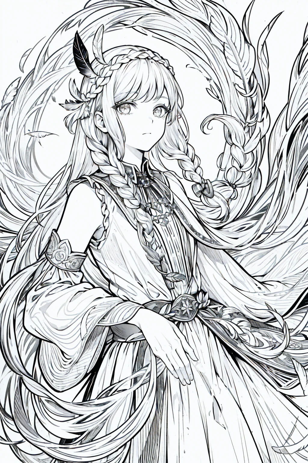 (masterpiece), hres, high quality, 4k, unity render, 1girl, solo, lineart, (monochrome:1.2), intrincate detailed,braided hair,Feather Mantle,