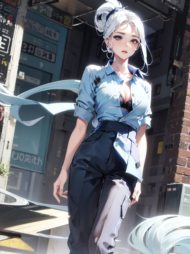 pretty,sexy,wind,button unbuttoned,Lingerie stands out,white hair,ponytail,blue clothes,Blue Eyes,Adult,