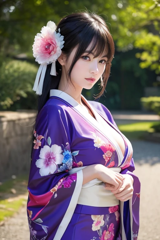 a beautiful japanese woman, 1girl, large breasts, kimono, obi sash, purple, black hair, hair ornament, mini skirt, blue eyes, bangs, long hair, slender, (best quality,4k,8k,highres,masterpiece:1.2),ultra-detailed,(realistic,photorealistic,photo-realistic:1.37),intricate details,elegant,cinematic lighting,dramatic shadows,vibrant colors,detailed facial features,graceful pose