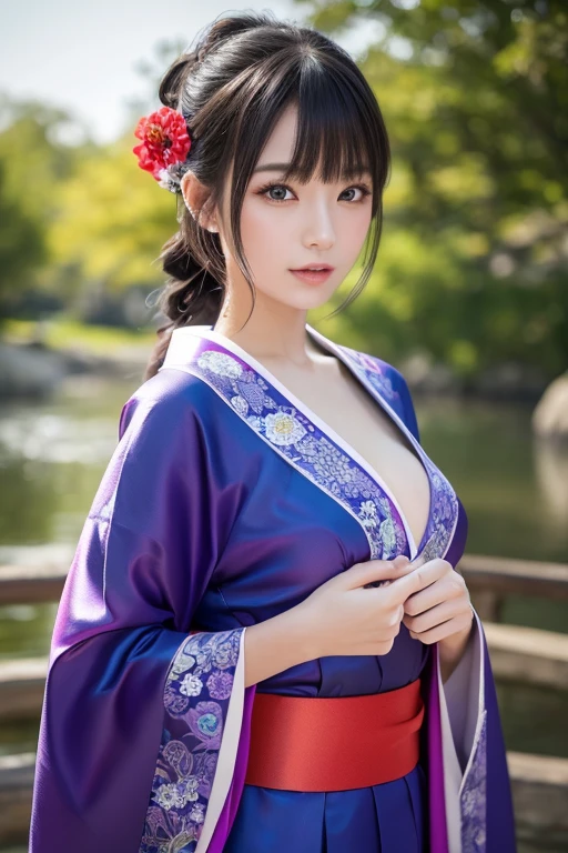 a beautiful japanese woman, 1girl, large breasts, kimono, obi sash, purple, black hair, hair ornament, mini skirt, blue eyes, bangs, long hair, slender, (best quality,4k,8k,highres,masterpiece:1.2),ultra-detailed,(realistic,photorealistic,photo-realistic:1.37),intricate details,elegant,cinematic lighting,dramatic shadows,vibrant colors,detailed facial features,graceful pose