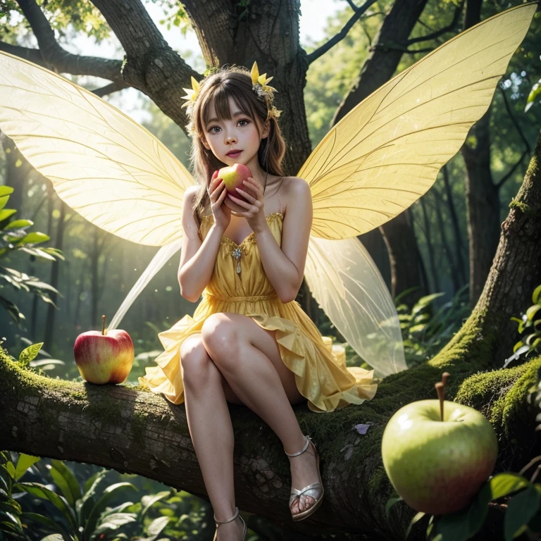 Fairy, yellow dress, glowing wings, sitting on the top of a tree, eating an apple