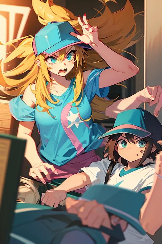 a trucker princess, wears a dress and a baseball cap, has an angry expression
