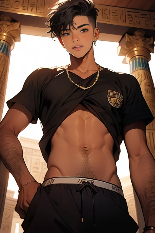 19-year-old boy returned to Egypt boy without clothes, in transparent micro thong made of brown leather , slim stomach, Short straight hair, the whole body looks at the city, straight black hair, nice smile, They are in a palace oasis with beautiful features., with typical ancient Egyptian decorations