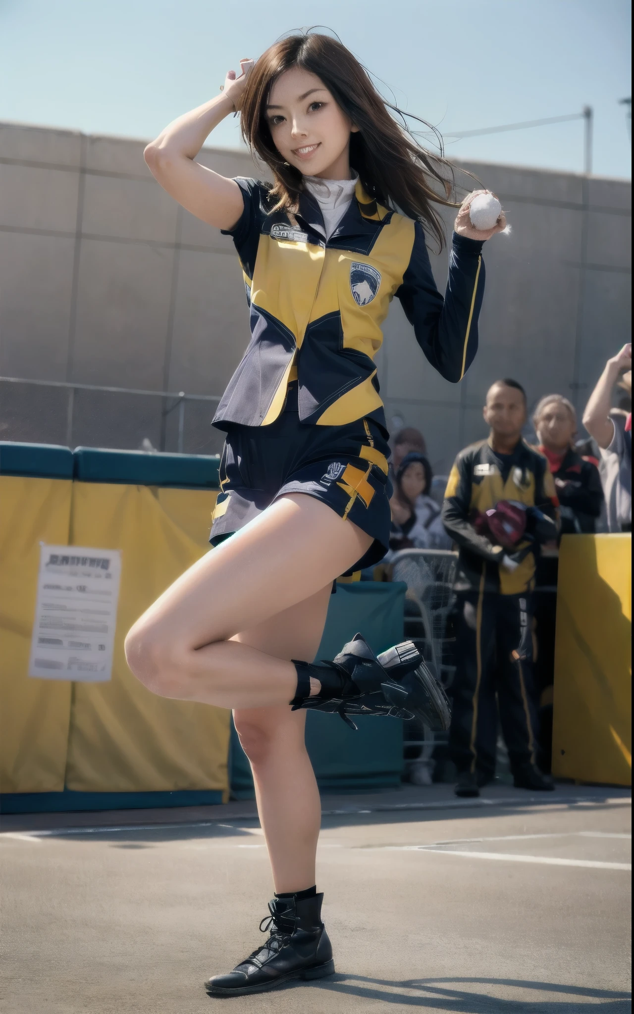 The young lady in a cheerleading uniform waving yellow flower balls in the air，yellowish，A still life with detailed realism，Meticulous，Dynamic outdoor shots，Yellow and black cheerleading costumes，