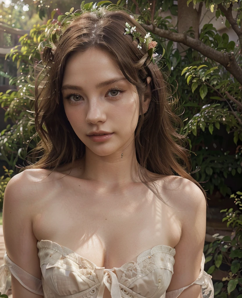 A naked girl in a lush garden, beautiful detailed eyes, beautiful detailed lips, extremely detailed eyes and face, long eyelashes, photorealistic, 8k, high quality, intricate details, natural lighting, warm color tones, romantic, dreamlike, ethereal