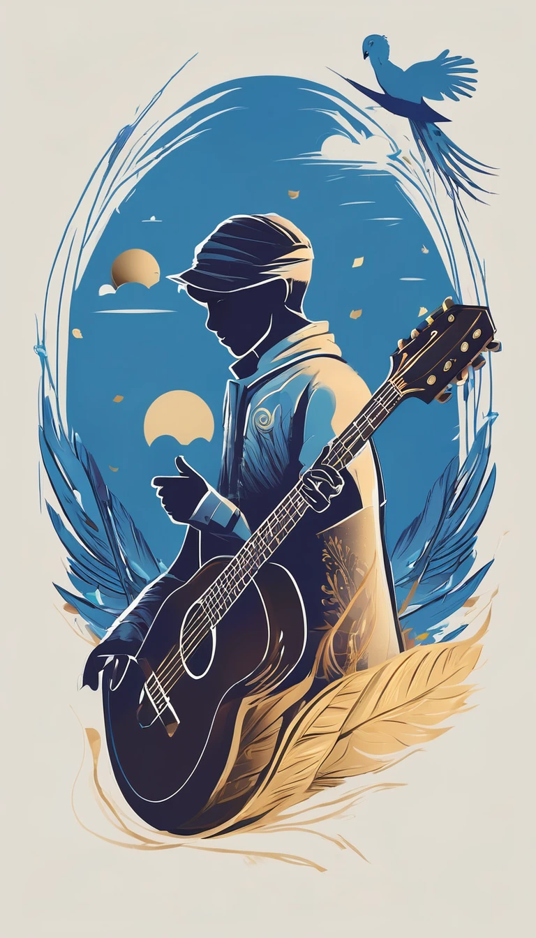 Create a minimalistic, simple, fantastic, easy to understand, logo design of a boy and a feather for an upcoming Role Playing Game called " Penamemoria". The game is about a world of bird and feathers and the inspirational, creative journey of a boy and his acoustic guitar. A boy enters that world and discovers his true artistic identity. Create a logo design that transmits the essence of this videogame and this world. It´s a fantasy game, with fantasy elements. Create the minimalistic logo in the center and a fantasy theme as background. Use the colours blue, white, light golden in the logo.