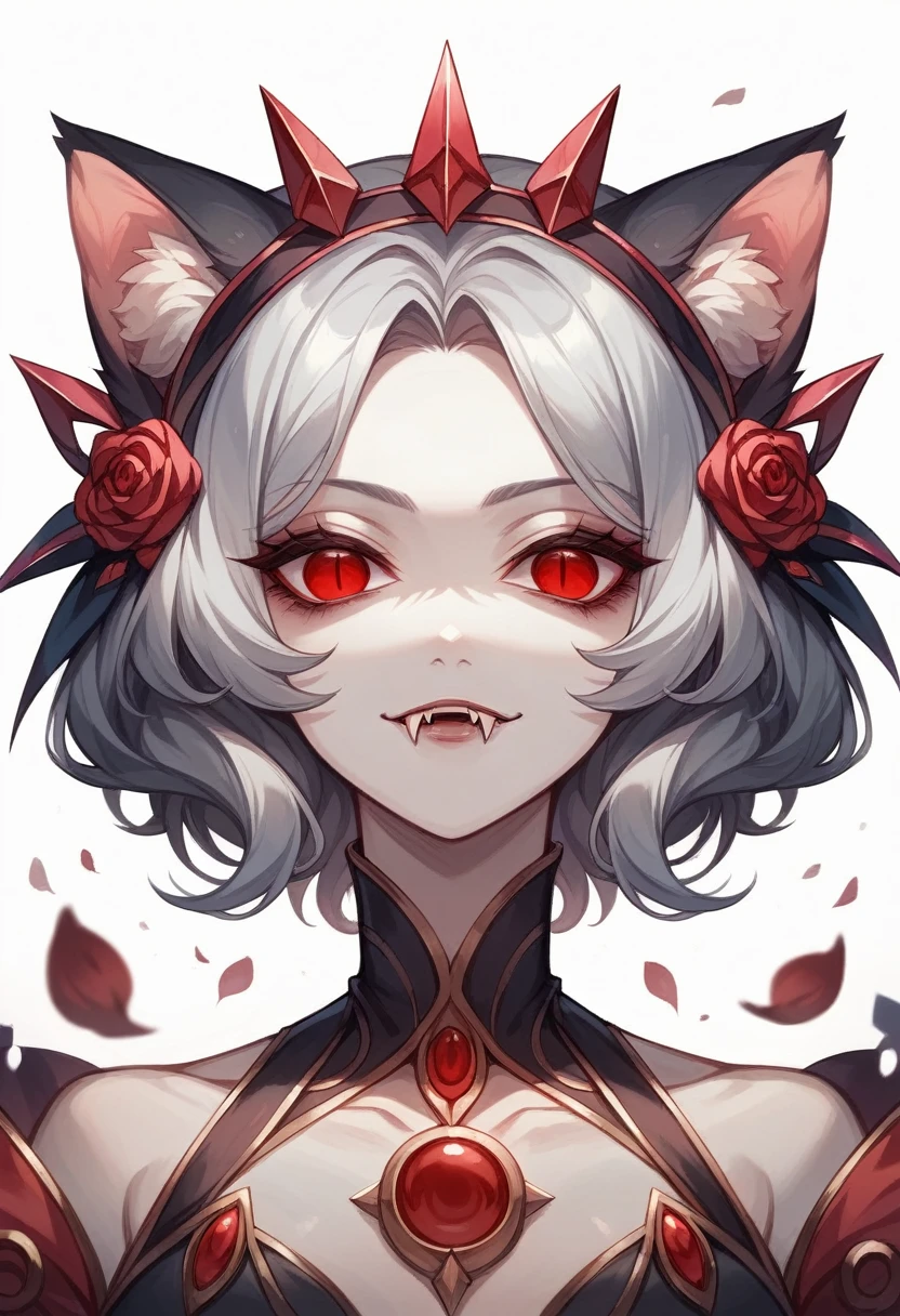 Official Art, Unity 8k Wallpaper, Ultra Detailed, Beautiful, High Quality, Beautiful, Masterpiece, Best Quality, portrait , White Background, silver Straight Hair, Gloomy Eyes, fangs ,vampire, red eyes, cat ears