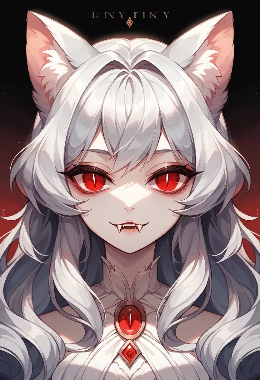 ((Masterpiece: 1.4, Best Quality))+,(Ultra Detail)+, Official Art, Unity 8k Wallpaper, Ultra Detailed, Beautiful, High Quality, Beautiful, Masterpiece, Best Quality, portrait , White Background, silver Straight Hair, Gloomy Eyes, Be, White Theme, fangs ,vampire, red eyes, cat ears