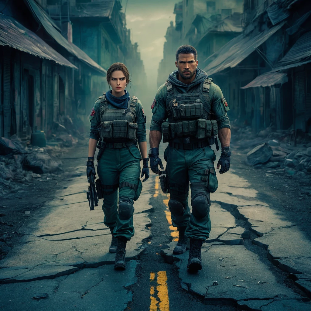 A stunning 32K, UHD live action photorealistic portrait showcasing a woman and a muscular man, both wearing clean-faced, serious expressions. They appear to be surveying their surroundings in a dilapidated street. Clad in specialized military attire and equipped with gear reminiscent of Resident Evil, they stand amidst enigmatic, bengalured buildings. The image is captured from an aerial view, showcasing intricate details and vibrant colors, creating an atmosphere of suspense and mystery., vibrant, portrait photography