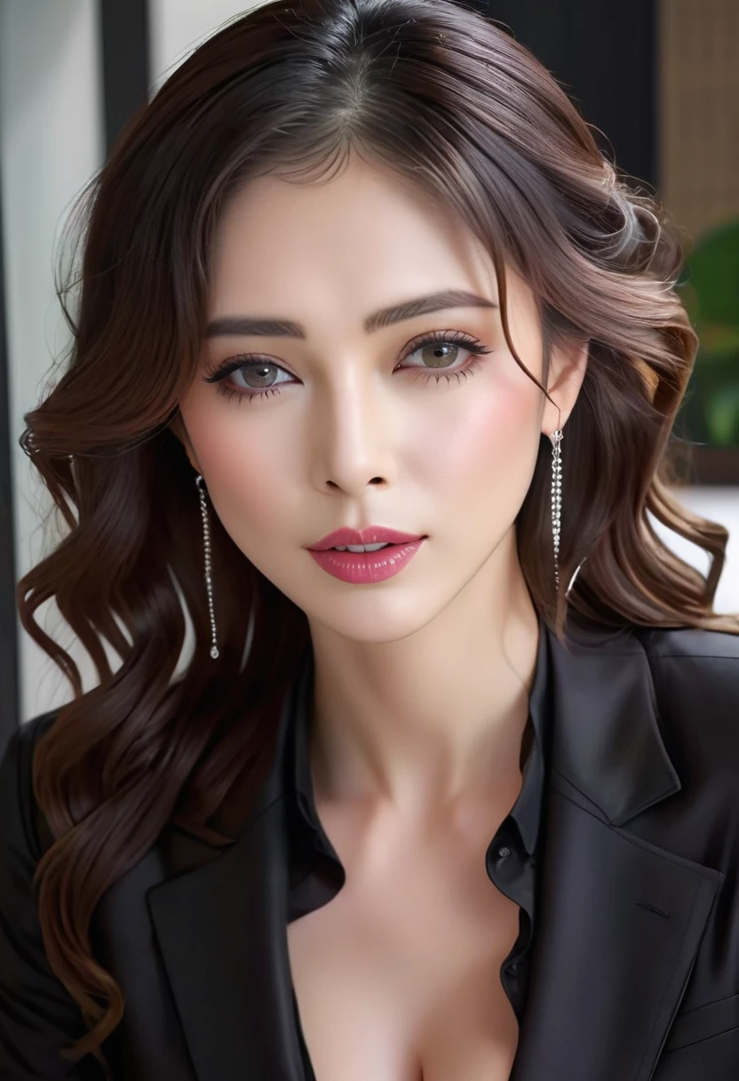 (masterpiece, best quality: 1.2), 1wavy hair secretary,Sexy eyes,Head close-up,Wet sexy lips,A lot of saliva ,earrings((Black business clothes))t、(((no bra))),(((See-through))),(((no bra))),(((See-through))),