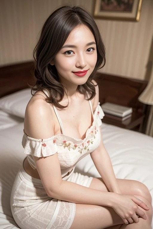 ((Exposing shoulders)), ((Ample breasts)), ((The skirt is short)), ((Sexy Legs)), ((whole body)),Practical的, Stylish girl, Red lips, Mature Woman, Exquisite makeup, Big eyes, beautiful, (Highest quality, masterpiece:1.2), Super detailed, (Practical:1.37), ((random scene, Random shooting angle)), ((Sexy long legs)), Young and energetic, Attractive model, (Delicate eyes, Delicate lips), show a bright smile, Create attractive girl images, Warm colors, Very high color saturation, Official Art, Very detailedなCG, Unified 8K wallpapers, (High Dynamic Range:1.4), (Movie atmosphere),(Soft colors), (Natural skin texture, 超Practical的, Soft Light, sharp),(Very detailed), night, moonlight、((White floral outfit))、Red lipstick、Curly Hair、Blue Eye Shadow、smile、