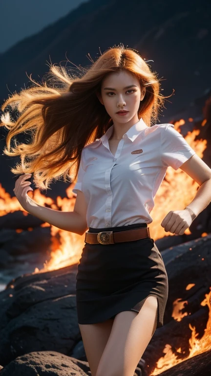 Masterpiece:1.2, best quality, 8k, UHD, high detailed, knee shot, portrait, hyperrealistic, cinematic light, 18s woman, thai university, uniform, white short-sleeve shirt, black tight short skirt, brown sueded belt, slim and perfect figure, perfect body proportions, beautiful, pretty, digital art, light and shadow, orange hair, dynamic powerful pose, high contrast, explosive fire, flame, blue ligthening, fire, burning, cloud, big flame around her, dark background, (fire elements:1.2), human on fire, super saiyan one