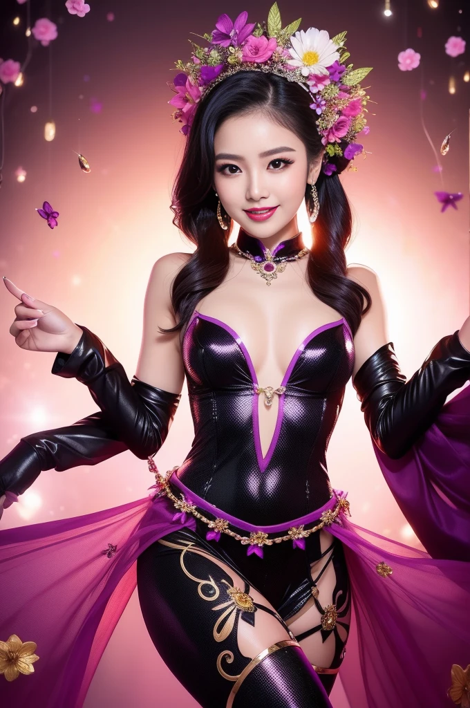 sexy Thai model who controls poison、beautiful smile、lipgloss、bold lipstick、intense makeup、look at the camera、full body Esbian、、sparkling poisoned flower costume、、、、sparkling Colorful hair、secrete poison、skull hair accessories、sexy tights、shiny sparkling flowers background