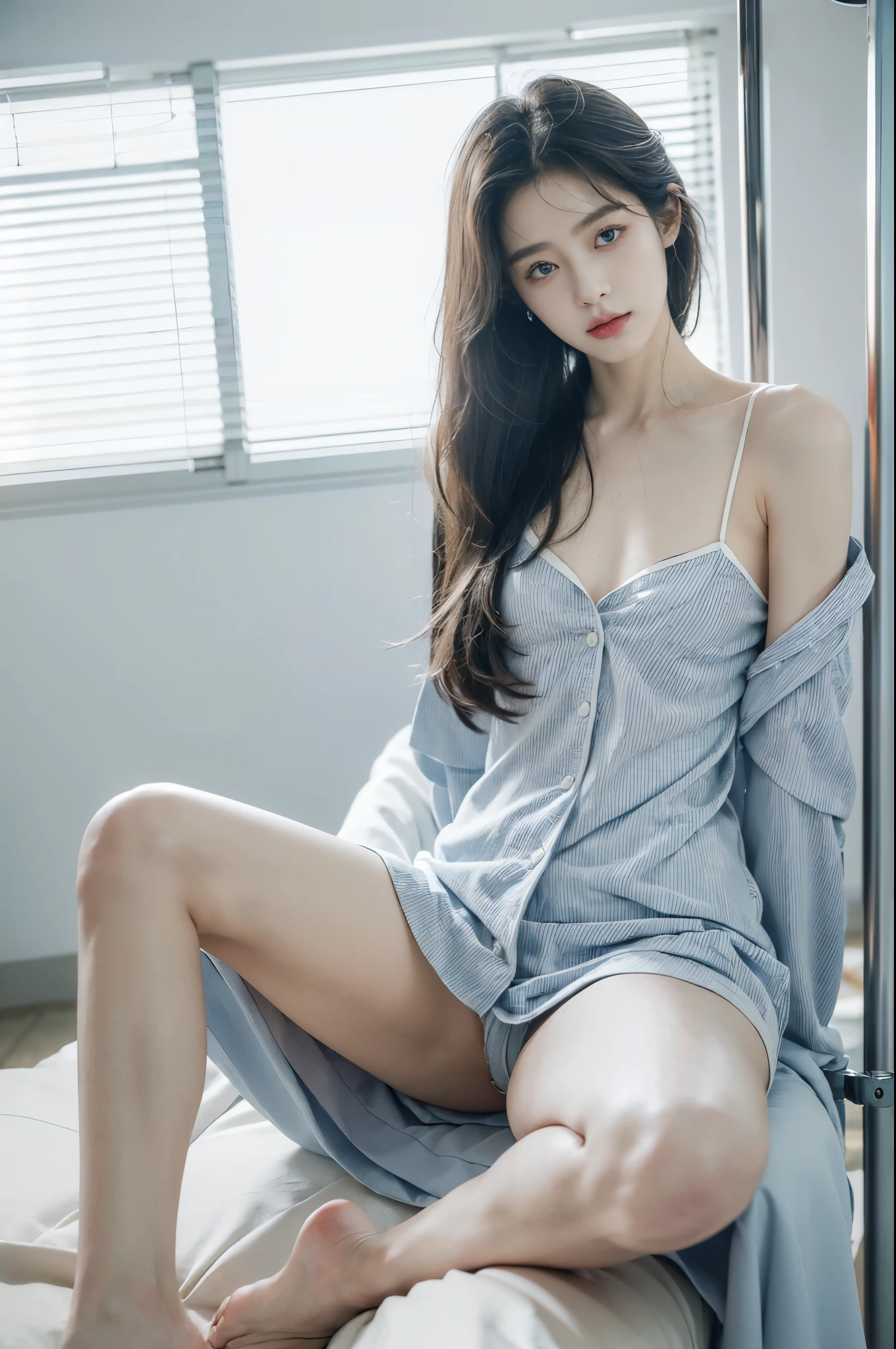 (((best quality))), (((ultra detailed))), (((masterpiece))), illustration,((a fragile and beautiful young girl,solo)),((slim,thin)),((small breasts,flat chest)),((sitting on a hospital bed)),(vertical striped blue and white collared pajama shirt:1.3), ethereal appearance,(shoulder length straight bob hair:1.2),((close eyes,open mouth,female orgasmic,blush,ahegao)),delicate features, expressive eyes, porcelain skin, worried expression, vertical stripes on the gown, loose fit, slender fingers, polished nail polish, clinical examination room, faded walls, doctors' cart, stainless steel, hospital backdrop, stark contrasts, cold environment, warmth and vulnerability, poignant moment, moving image,((from front)),(arms behind back:1.3),(spread legs apart:1.3)