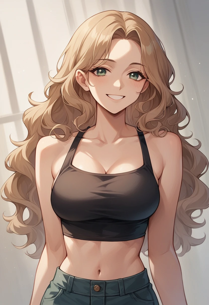 I need a photo of a very beautiful girl with long, wavy hair, styled elegantly. She should be wearing a stylish, modern crop top that has digital or tech-themed graphics on it. Her eyes should be light brown, and she should have a pleasant, warm smile. The background should be a soft, indoor setting with a hint of green, complementing her overall look.