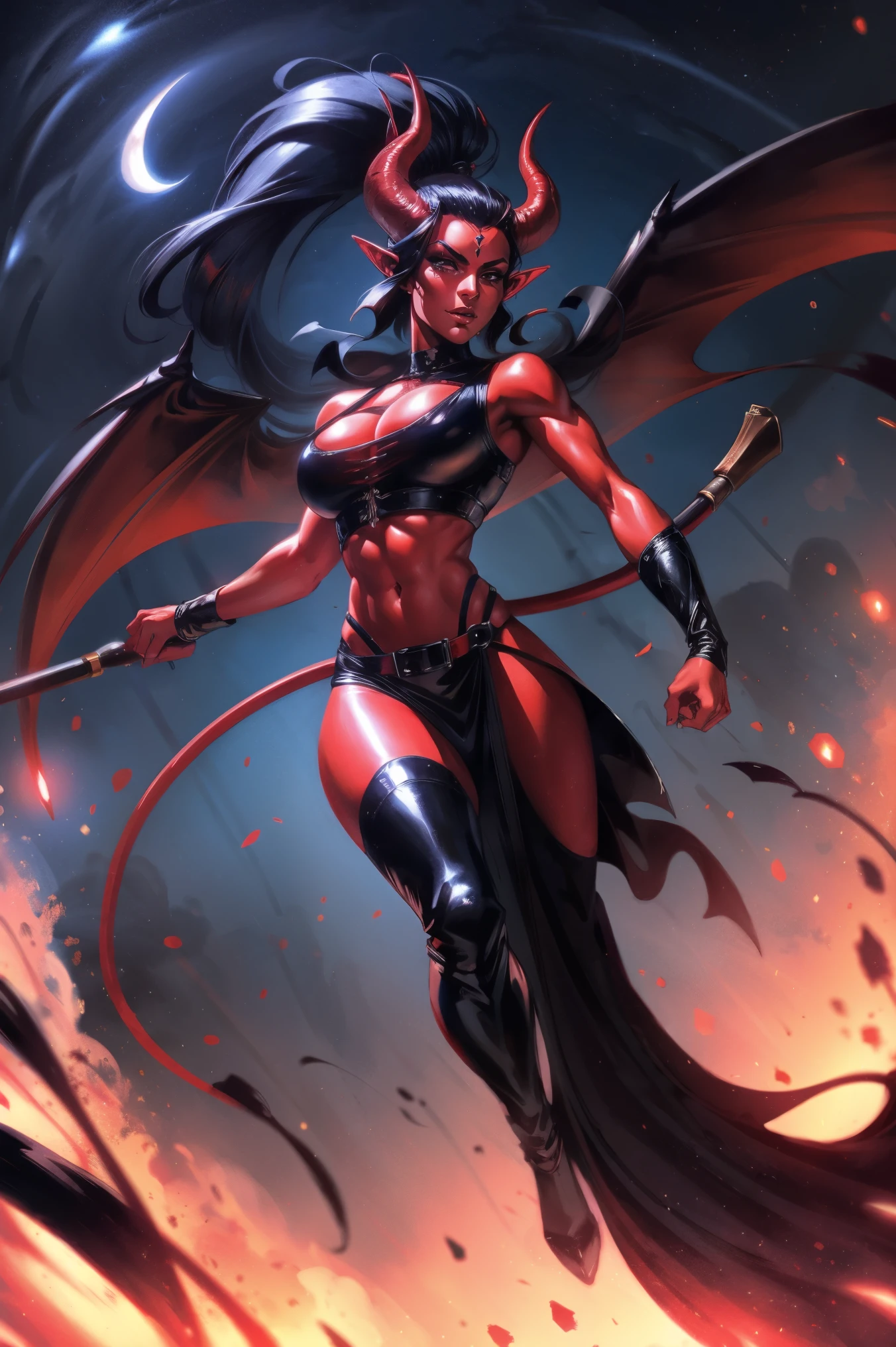 Red skin succubus tiefling, medium breasts, black horns, wings, huge tail, black leather, crop top, long flowing pelvic curtain, tall, toned, graceful, thin, long black ponytail. Action scene, whip. Dark scene, explosions, night sky.